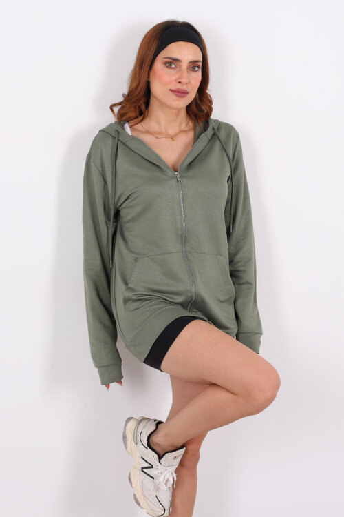 Fermuarlı Kapüşonlu Modal Haki Unisex Sweat - Berox