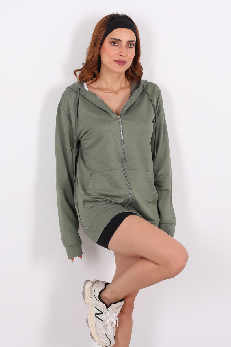 Fermuarlı Kapüşonlu Modal Haki Unisex Sweat - 1