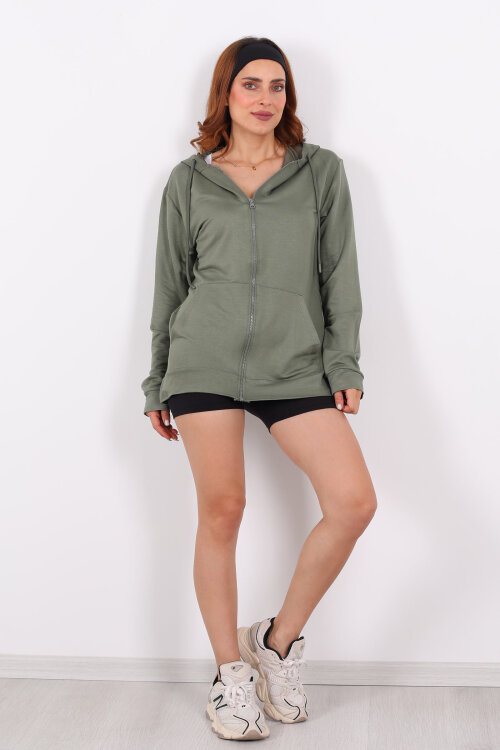 Fermuarlı Kapüşonlu Modal Haki Unisex Sweat - 4