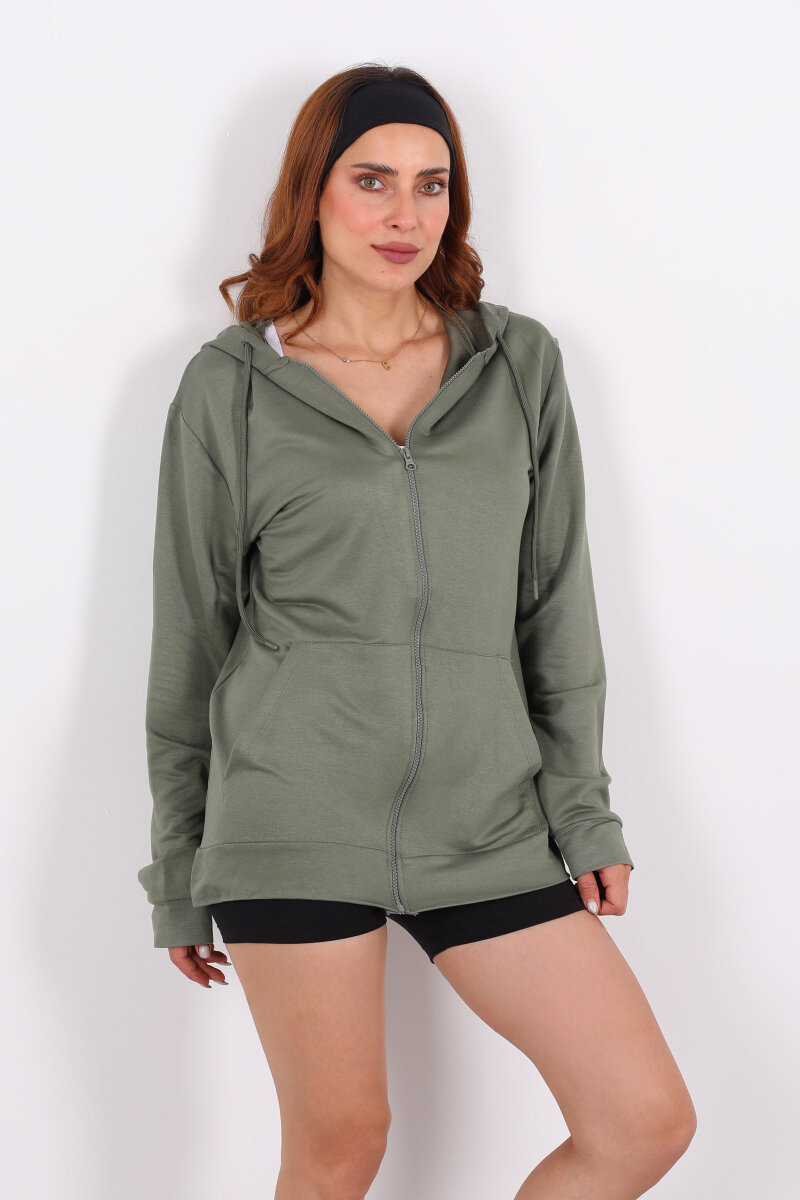 Fermuarlı Kapüşonlu Modal Haki Unisex Sweat - 5