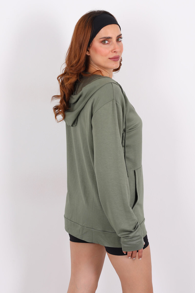 Fermuarlı Kapüşonlu Modal Haki Unisex Sweat - 2
