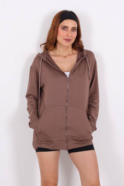 Fermuarlı Kapüşonlu Modal Kahverengi Unisex Sweat - 5