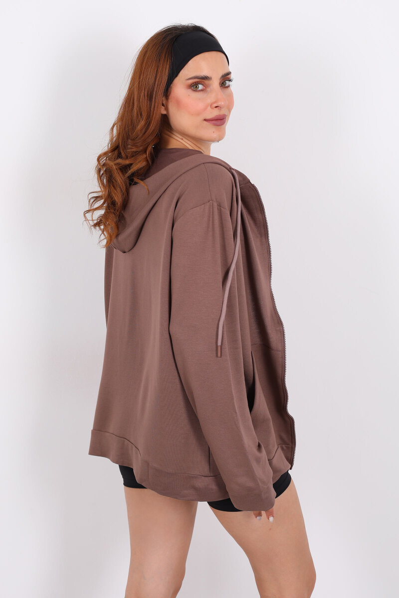 Fermuarlı Kapüşonlu Modal Kahverengi Unisex Sweat - 2