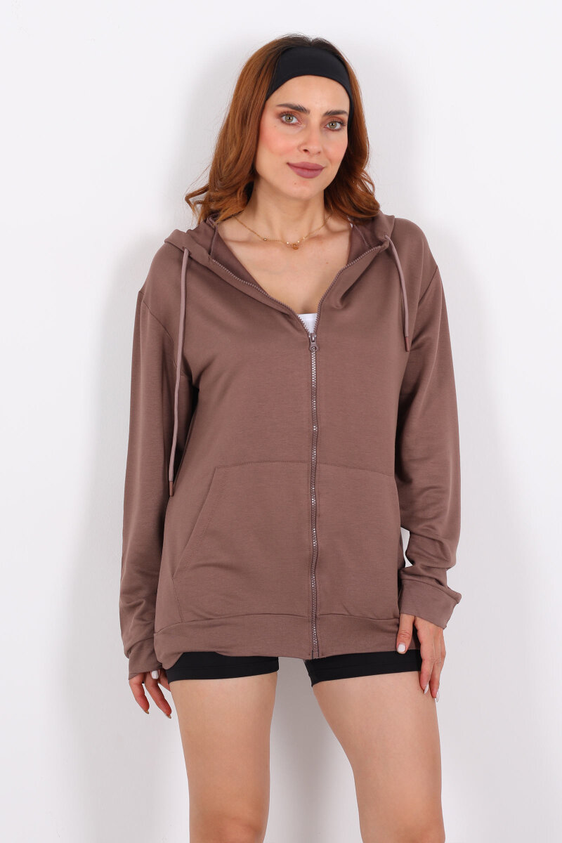 Fermuarlı Kapüşonlu Modal Kahverengi Unisex Sweat - 7