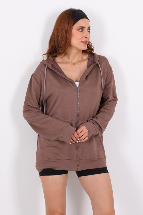 Fermuarlı Kapüşonlu Modal Kahverengi Unisex Sweat - 3