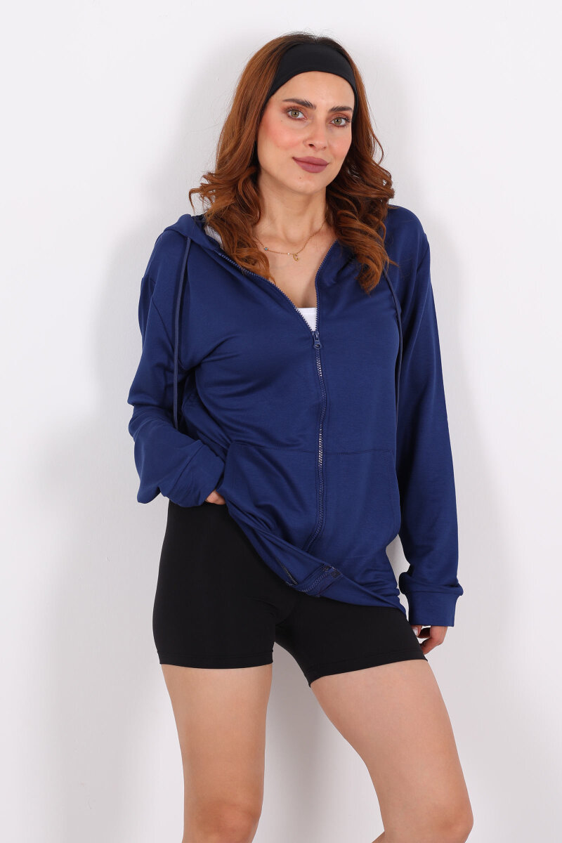 Fermuarlı Kapüşonlu Modal Lacivert Unisex Sweat - 4