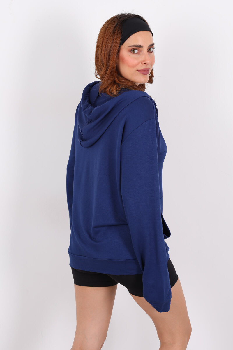 Fermuarlı Kapüşonlu Modal Lacivert Unisex Sweat - 5