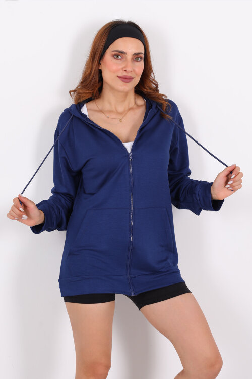 Fermuarlı Kapüşonlu Modal Lacivert Unisex Sweat - 3