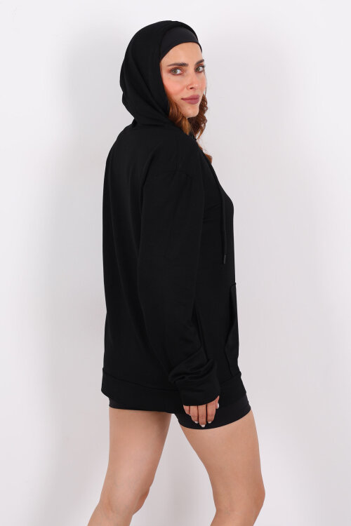 Fermuarlı Kapüşonlu Modal Siyah Unisex Sweat - 5