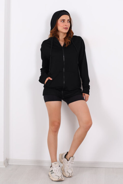 Fermuarlı Kapüşonlu Modal Siyah Unisex Sweat - 3