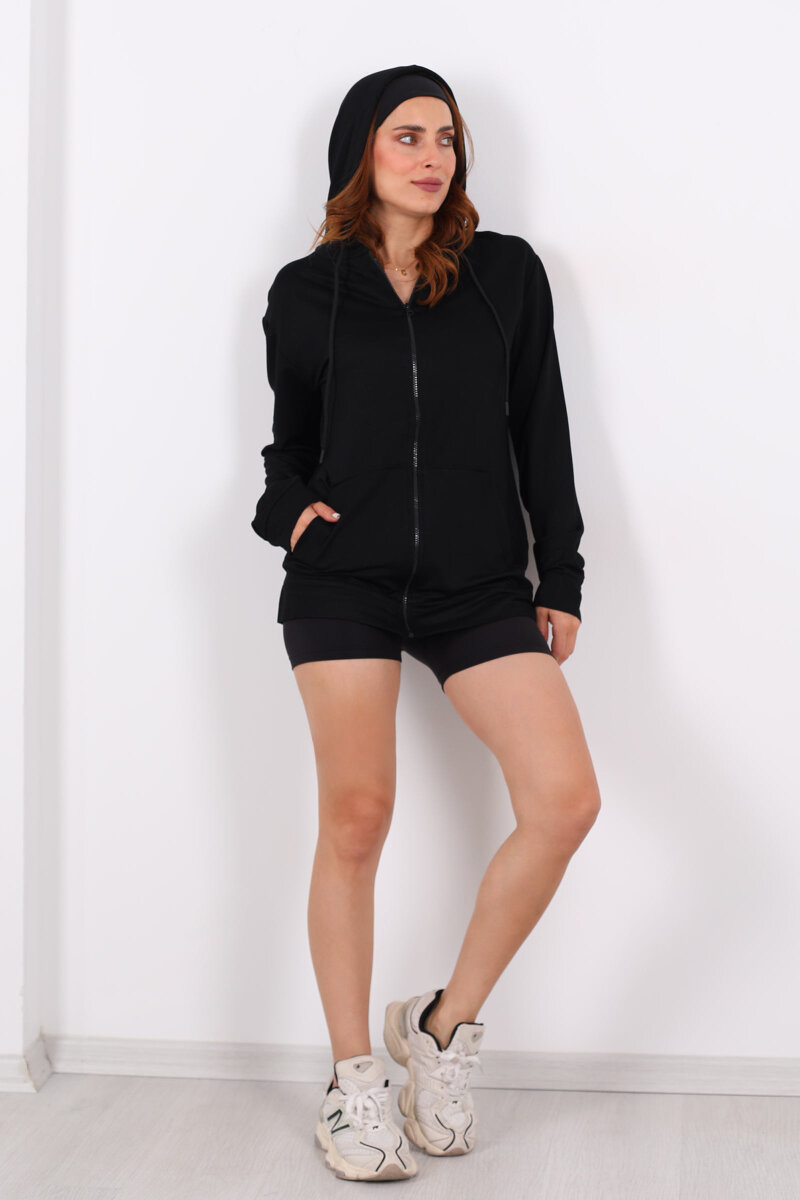 Fermuarlı Kapüşonlu Modal Siyah Unisex Sweat - 3