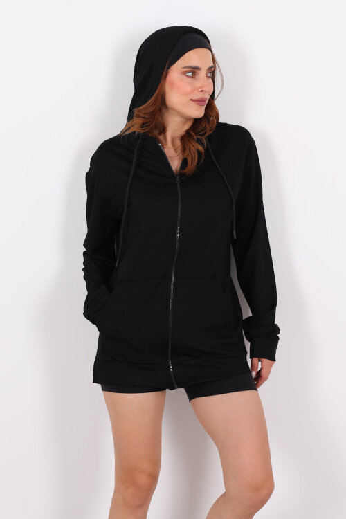 Fermuarlı Kapüşonlu Modal Siyah Unisex Sweat - 7