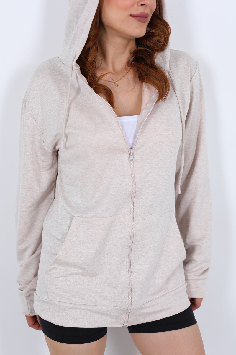 Fermuarlı Kapüşonlu Modal Taş Unisex Sweat - 2