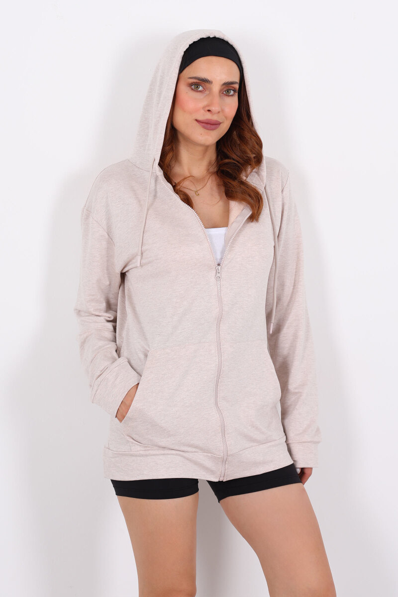 Fermuarlı Kapüşonlu Modal Taş Unisex Sweat - 4