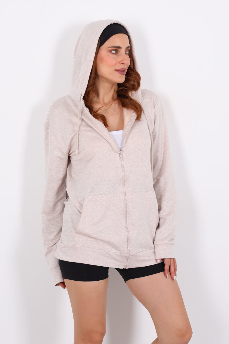 Fermuarlı Kapüşonlu Modal Taş Unisex Sweat - 1