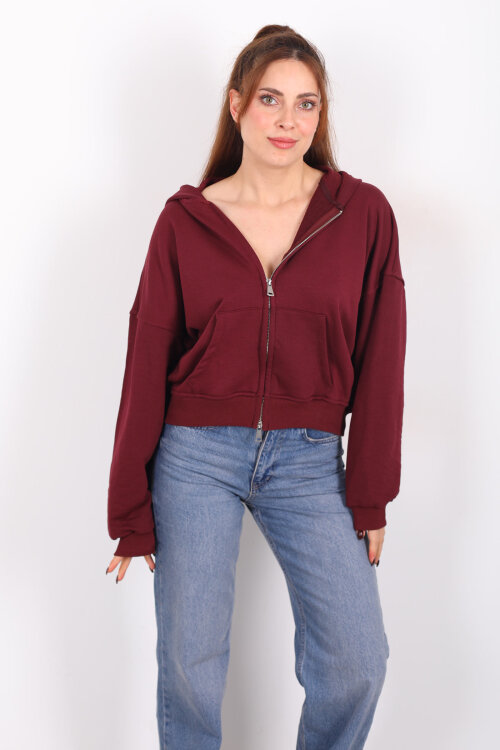 Fermuarlı Kapüşonlu Mürdüm Kadın İki İplik Sweat - 6