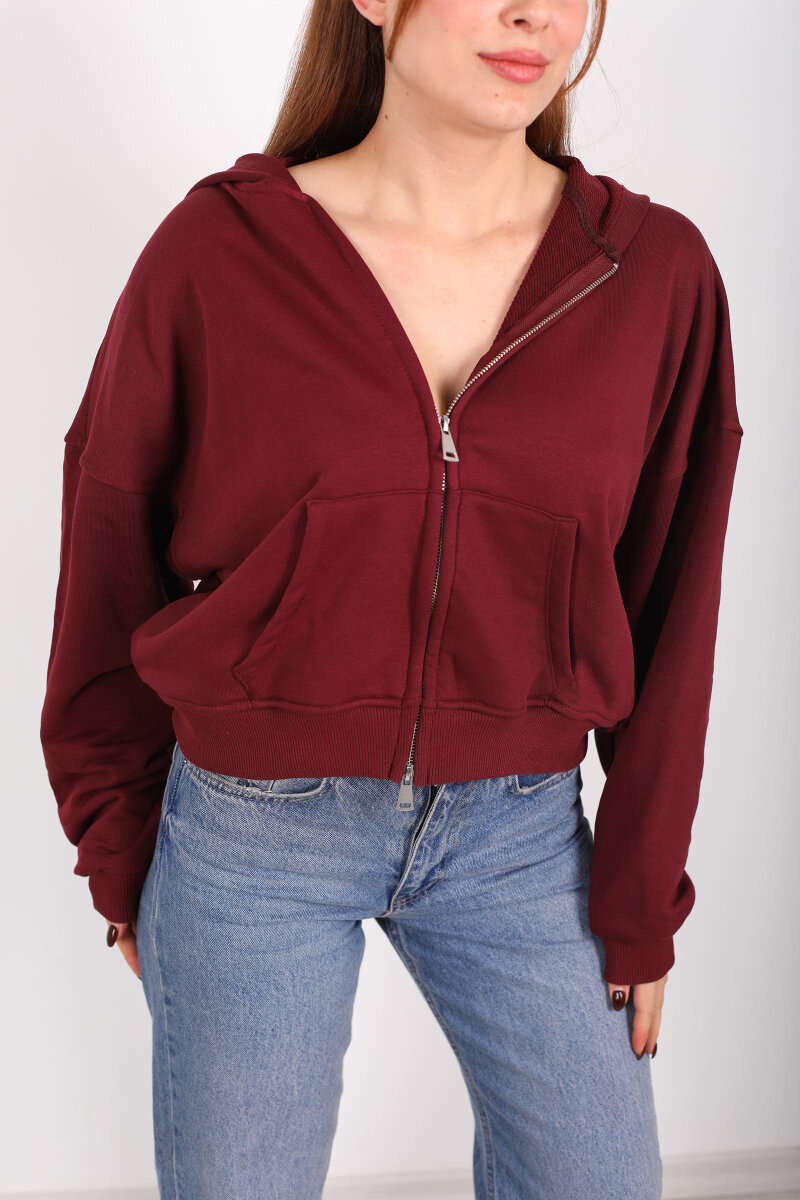 Fermuarlı Kapüşonlu Mürdüm Kadın İki İplik Sweat - 2