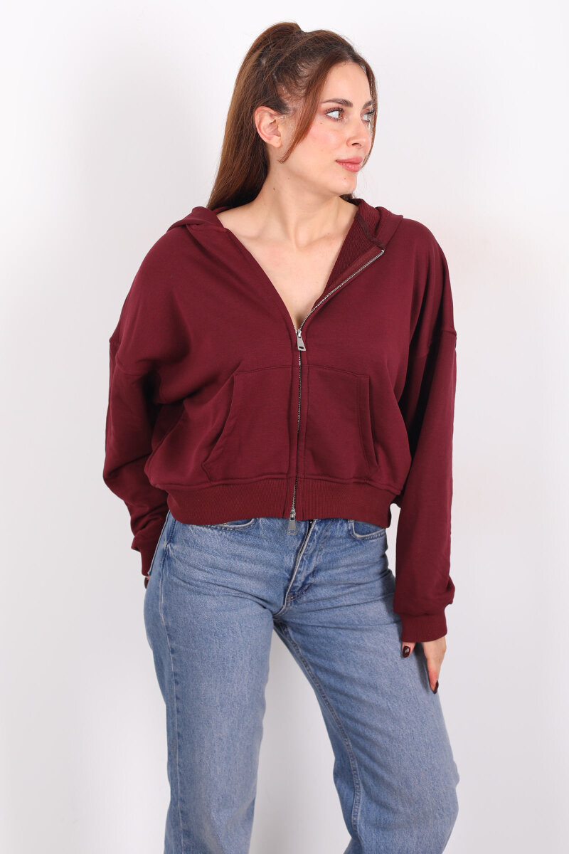 Fermuarlı Kapüşonlu Mürdüm Kadın İki İplik Sweat - 3