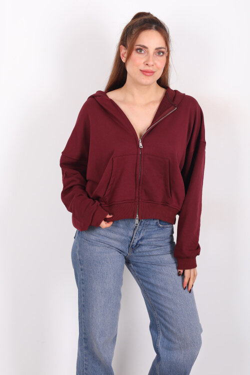 Fermuarlı Kapüşonlu Mürdüm Kadın İki İplik Sweat - 4