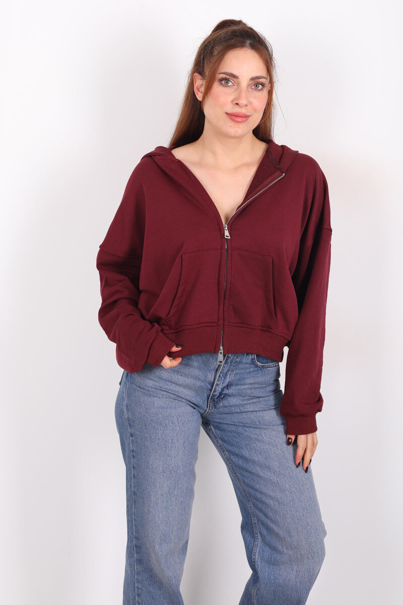 Fermuarlı Kapüşonlu Mürdüm Kadın İki İplik Sweat - 4