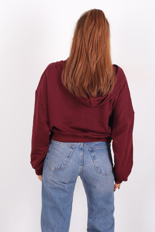 Fermuarlı Kapüşonlu Mürdüm Kadın İki İplik Sweat - 5