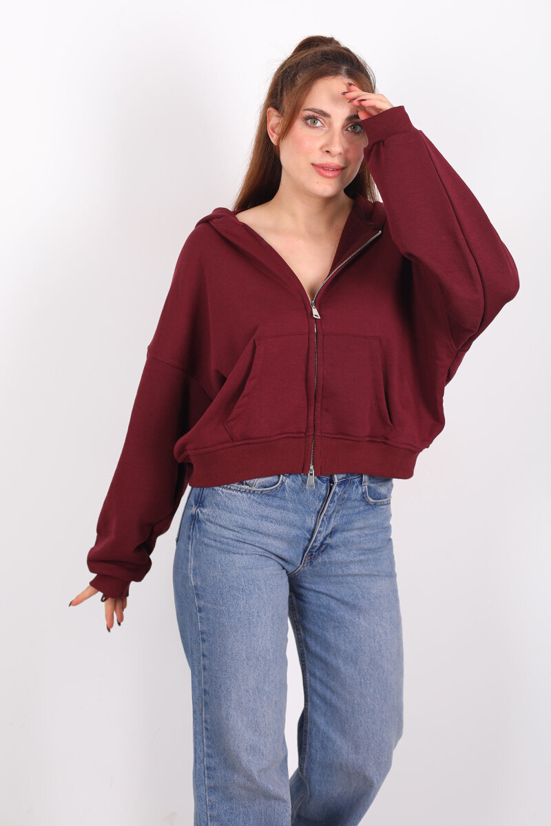 Fermuarlı Kapüşonlu Mürdüm Kadın İki İplik Sweat - 1