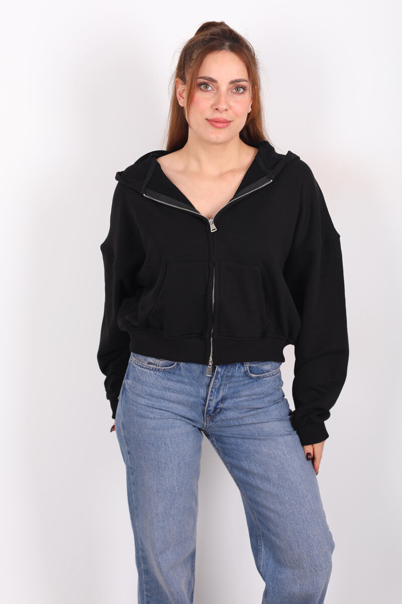 Fermuarlı Kapüşonlu Siyah Kadın İki İplik Sweat - 5