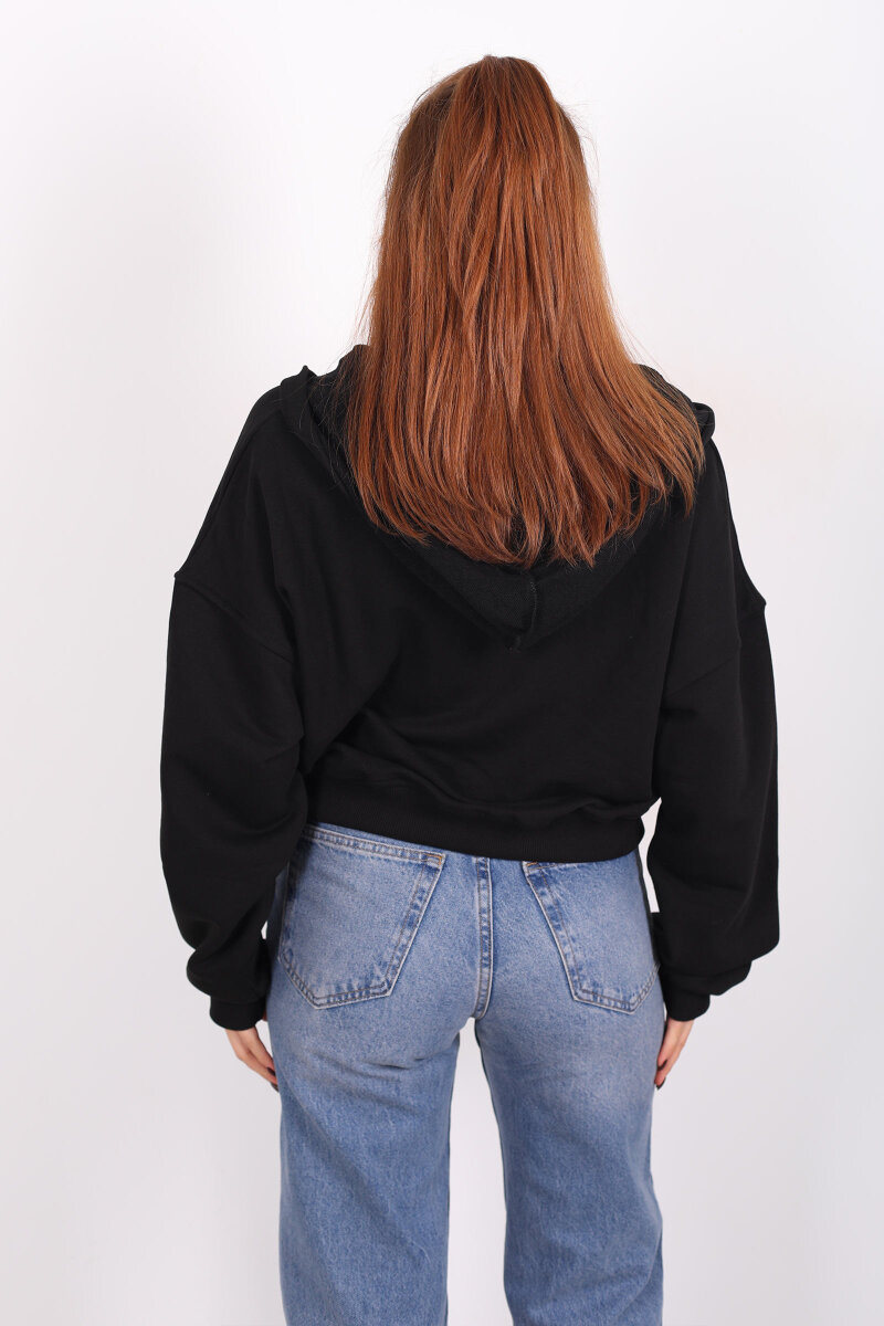 Fermuarlı Kapüşonlu Siyah Kadın İki İplik Sweat - 4