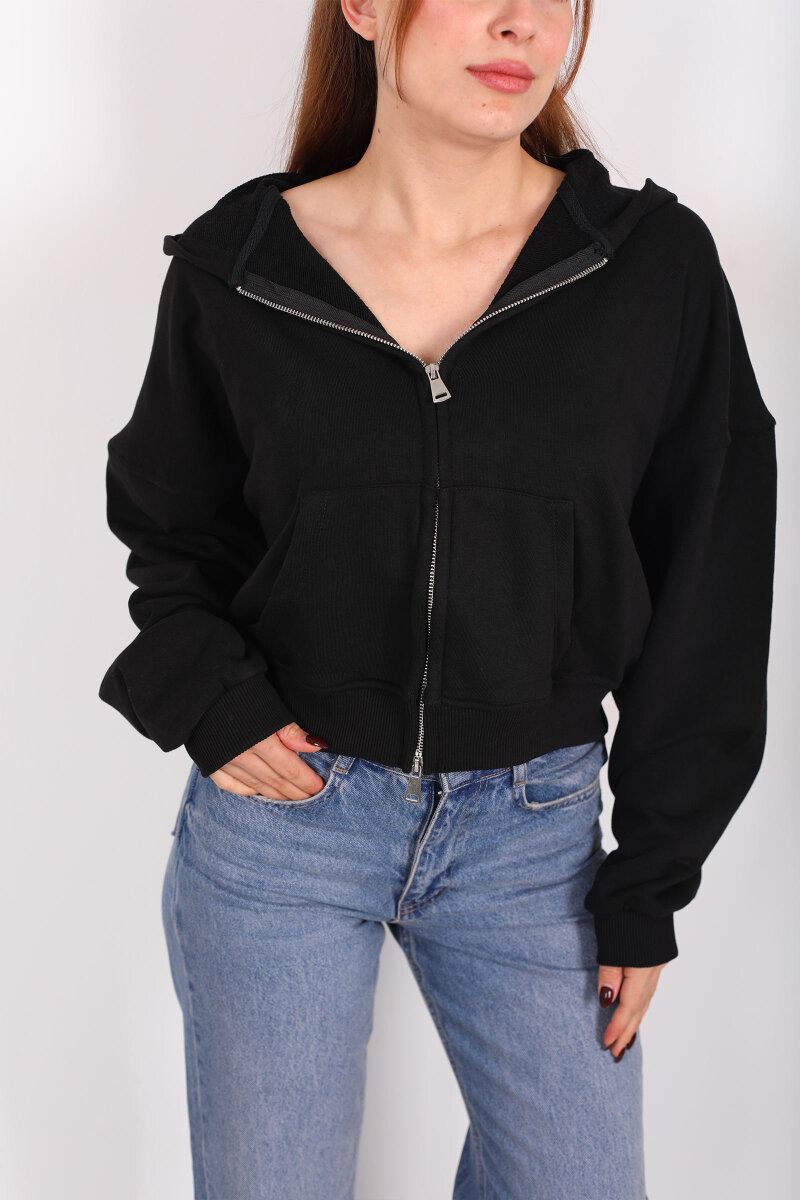 Fermuarlı Kapüşonlu Siyah Kadın İki İplik Sweat - 2
