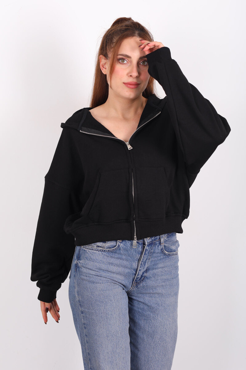 Fermuarlı Kapüşonlu Siyah Kadın İki İplik Sweat - 1