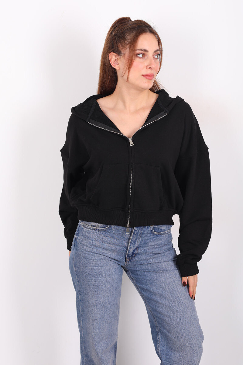 Fermuarlı Kapüşonlu Siyah Kadın İki İplik Sweat - 3