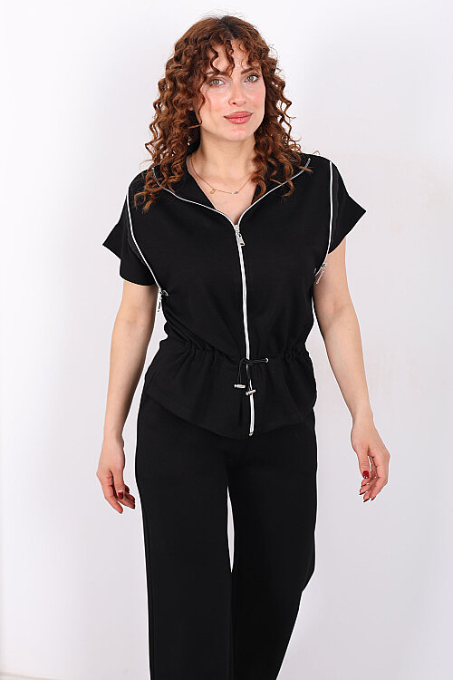 Fermuarlı Kısa Kol Stoperli Siyah Kadın Takım - 7