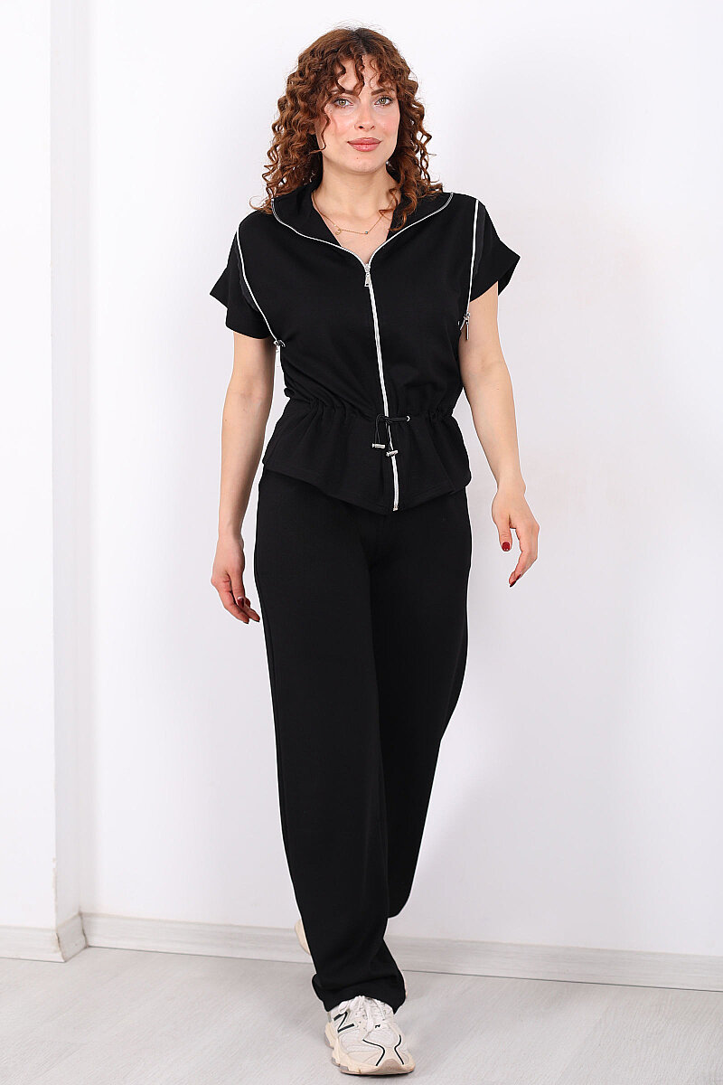 Fermuarlı Kısa Kol Stoperli Siyah Kadın Takım - 3