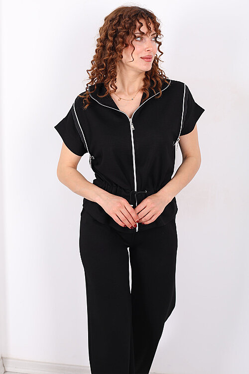 Fermuarlı Kısa Kol Stoperli Siyah Kadın Takım - 4