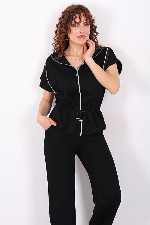 Fermuarlı Kısa Kol Stoperli Siyah Kadın Takım - Berox