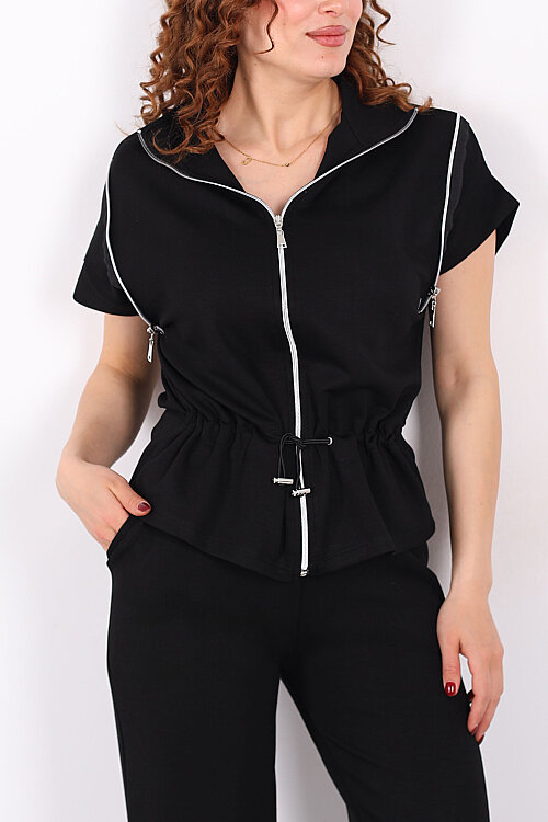 Fermuarlı Kısa Kol Stoperli Siyah Kadın Takım - Berox (1)