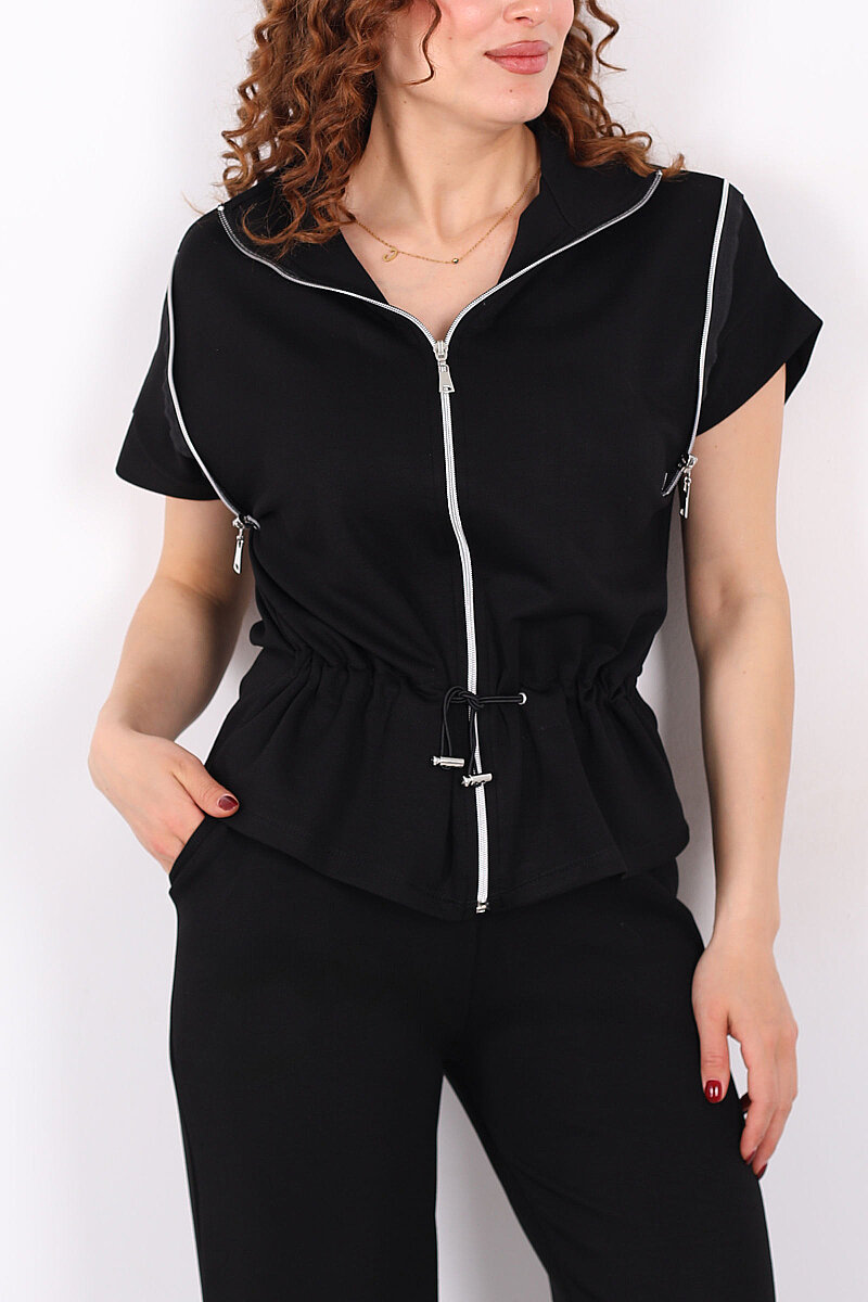 Fermuarlı Kısa Kol Stoperli Siyah Kadın Takım - 2