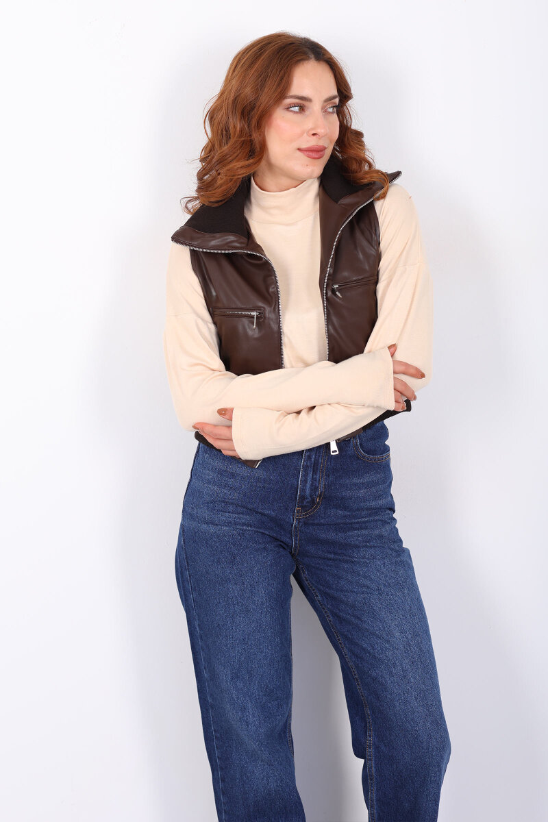 Fermuarlı Kolsuz Acı Kahve Kadın Deri Yelek - 5