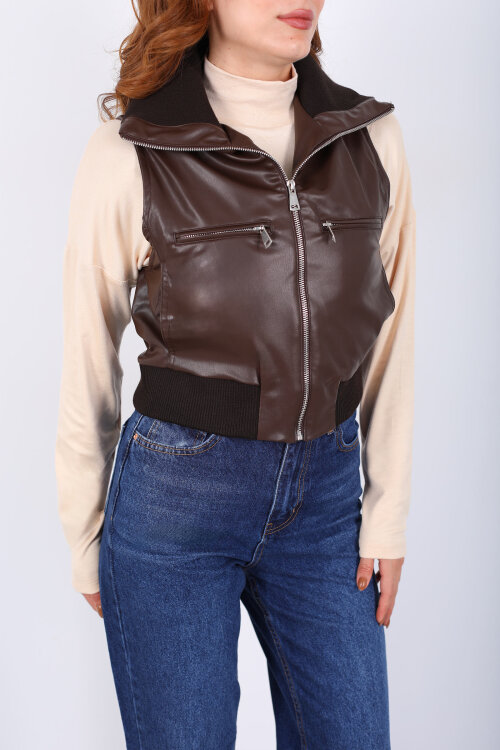 Fermuarlı Kolsuz Acı Kahve Kadın Deri Yelek - Berox (1)