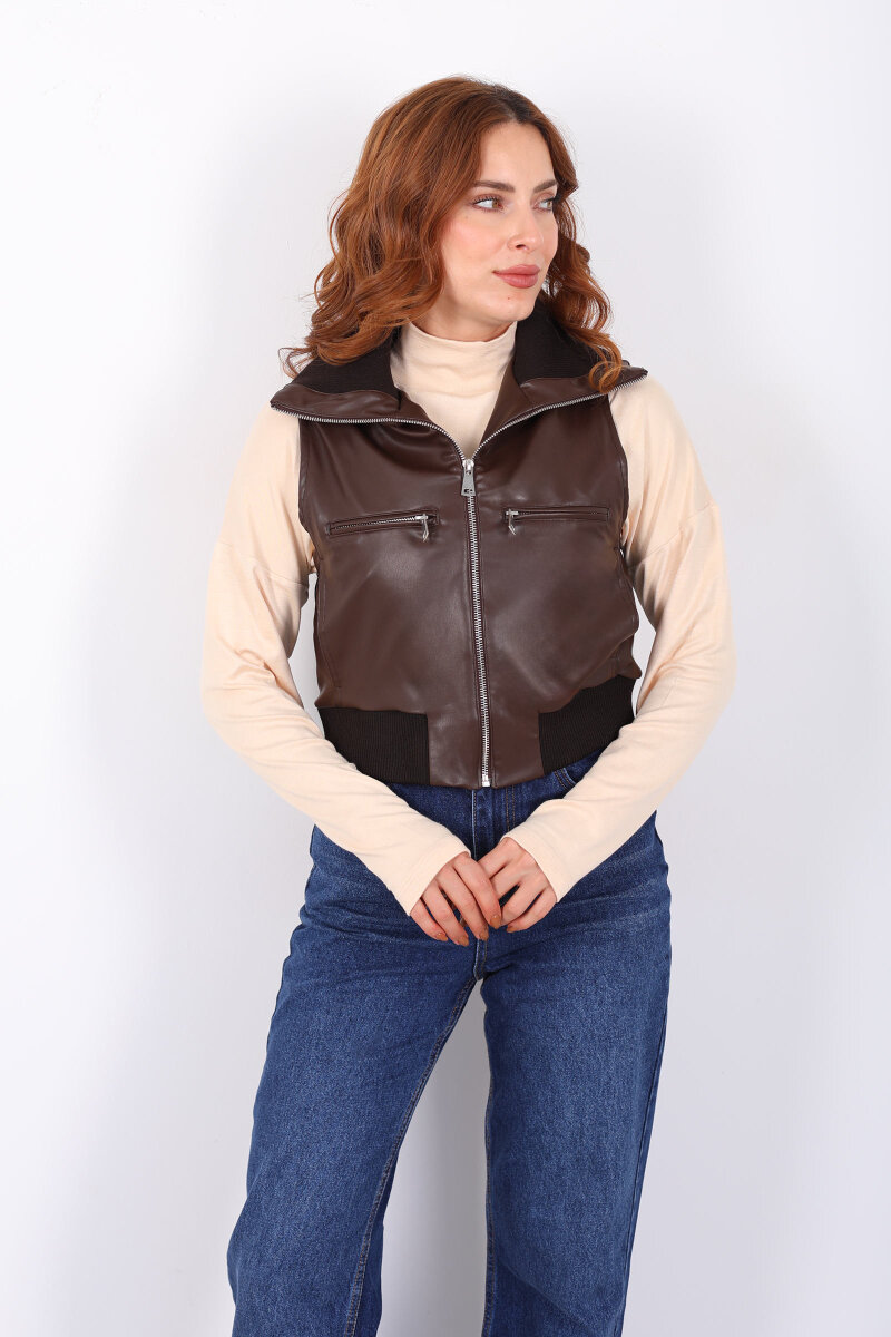 Fermuarlı Kolsuz Acı Kahve Kadın Deri Yelek - 1