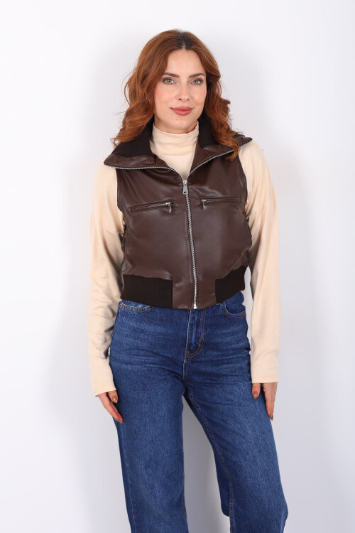 Fermuarlı Kolsuz Acı Kahve Kadın Deri Yelek - 4