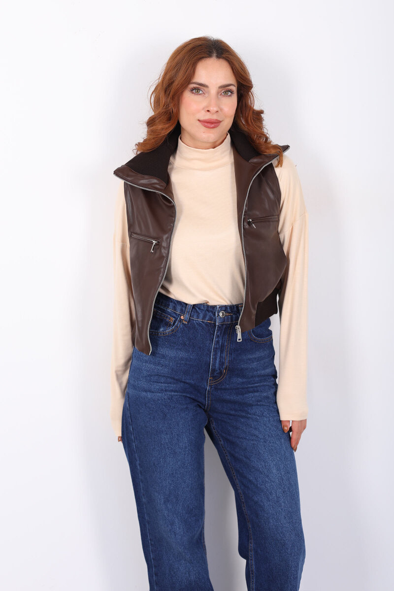 Fermuarlı Kolsuz Acı Kahve Kadın Deri Yelek - 6
