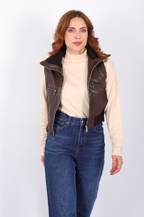 Fermuarlı Kolsuz Acı Kahve Kadın Deri Yelek - 3