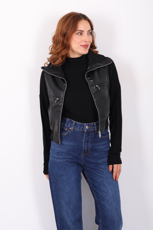 Fermuarlı Kolsuz Siyah Kadın Deri Yelek - 7