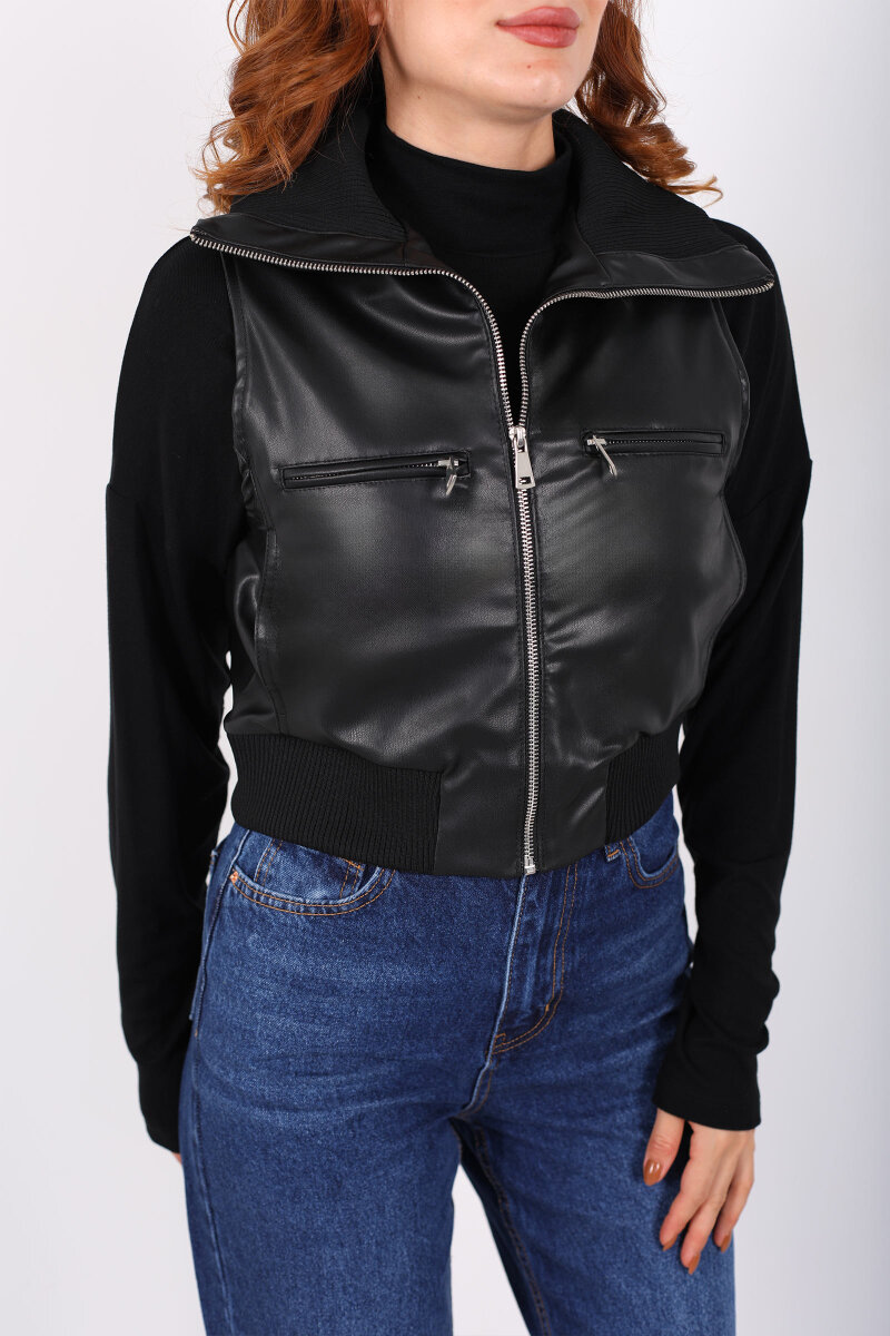 Fermuarlı Kolsuz Siyah Kadın Deri Yelek - 2