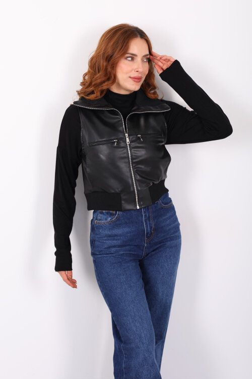 Fermuarlı Kolsuz Siyah Kadın Deri Yelek - 4