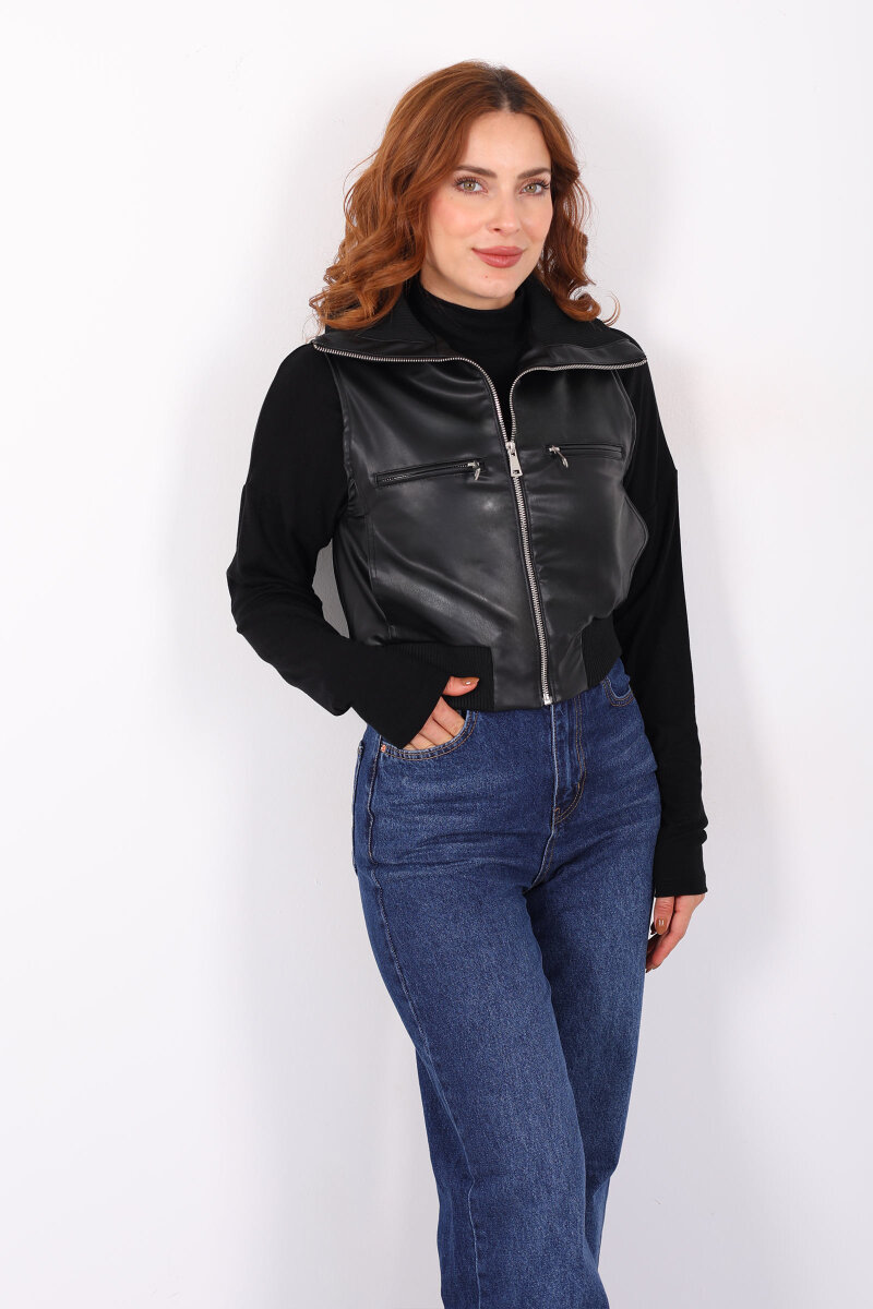 Fermuarlı Kolsuz Siyah Kadın Deri Yelek - 6