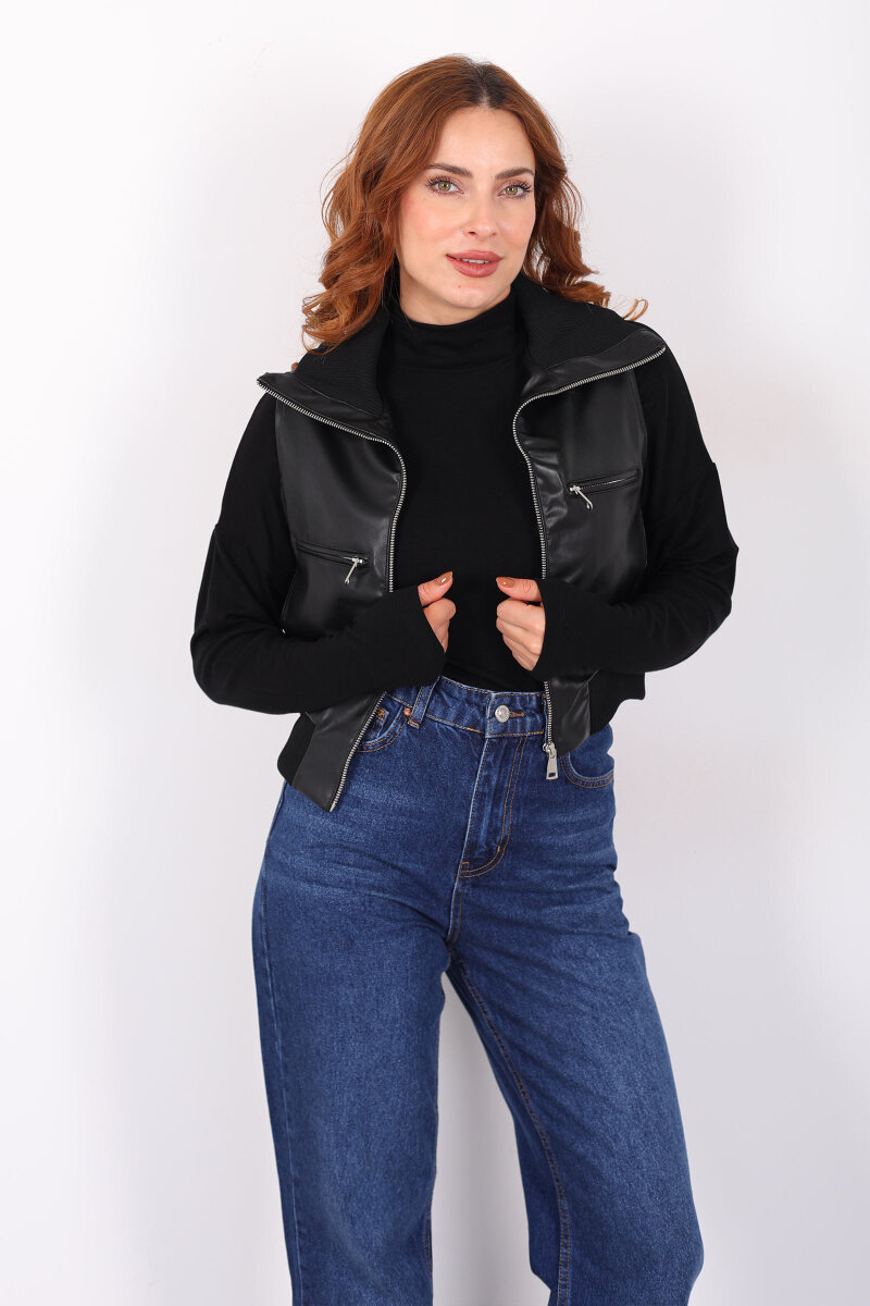 Fermuarlı Kolsuz Siyah Kadın Deri Yelek - 3