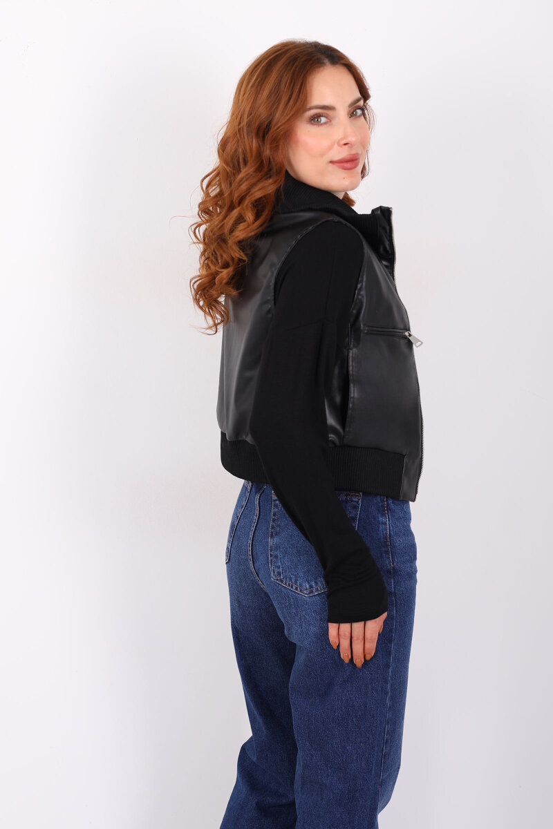 Fermuarlı Kolsuz Siyah Kadın Deri Yelek - 5