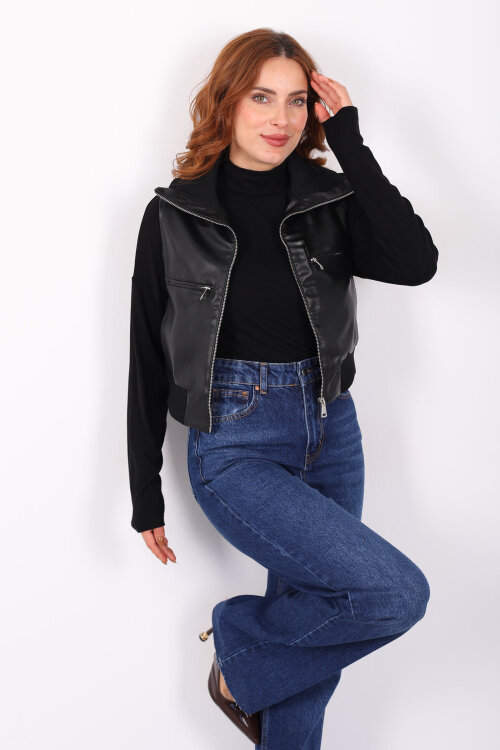 Fermuarlı Kolsuz Siyah Kadın Deri Yelek - Berox